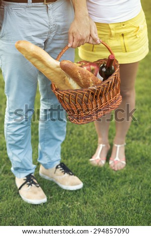 Young couple carrying basket full of products. Man in blue jeans and woman in yellow skirt are goint to have picnic.