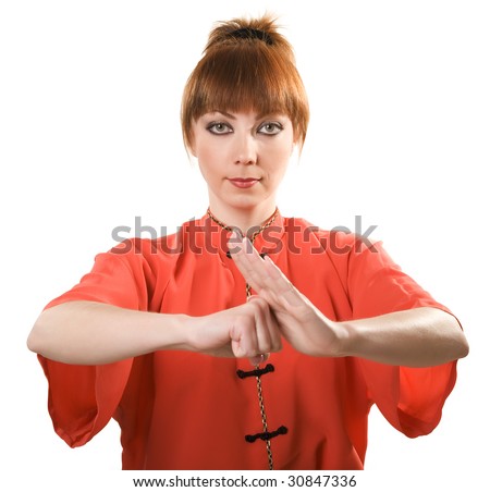 Young Woman Makes Chinese Greeting Gesture Isolated With Clipping Path ...