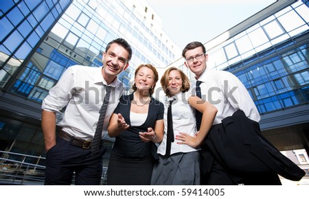 Group of happy office workers stay outdoor