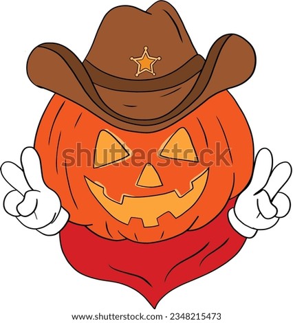 Happy Halloween Pumpkin cowboy western hat and bandanna, peace hand. Vector printable illustration with Howdy cowboy text isolated on white background.