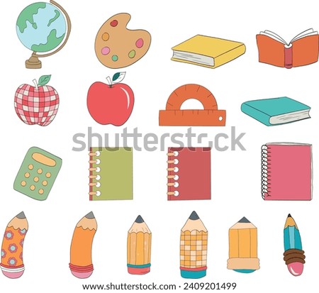 Set of study school supplies: pencils, paints, ruler, sharpener, stickers, calculator, books, globe. Children's cute stationery subjects. Back to school. 100 Days of School. Groovy Character