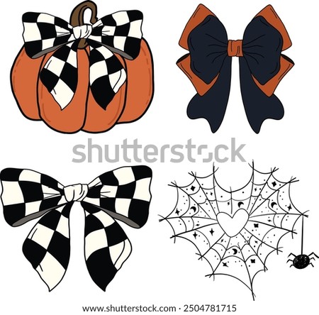 Pumpkin with plaid bow . Coquette Halloween , Heart-shaped spider web. Art and Illustration