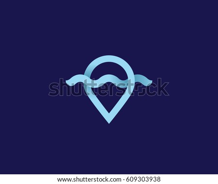 Modern vector logotype monogram pin and wave. Ectorny logo the location of the beach and the sea.