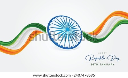 Happy Republic Day of India Banner Design. 26 January Republic Day Celebration Text with Indian Flag and Tri-color Ribbon Vector Illustration.