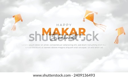 Indian festival Happy Makar Sankranti poster design with kites flying cloudy sky. abstract vector illustration design. Makar Sankranti text light grey background theme.