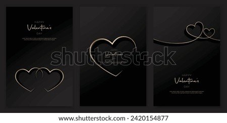 Happy Valentines day vector set greeting card. Gold heart on black background. Golden holiday poster with text, jewels. Concept for Valentines banner, flyer, party invitation.