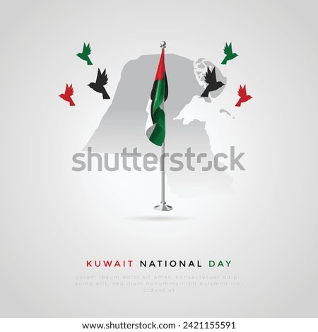 Kuwait national Day Post and Greeting Card. Happy National Day of kuwait with Text, Skyline and Origami Birds Vector Illustration.