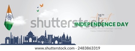 15 August - Happy Independence Day of India Banner Design. Indian Independence Day Celebration with Indian monuments and Text. Famous Indian Landmarks.