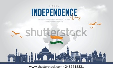 Happy Independence Day India Social Media Post and Flyer Template. 15 august - Indian independence Day Celebration Greeting Card with Text. Tricolor Origami Birds Flying.