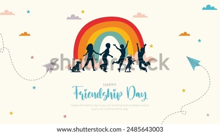 Happy Friendship Day Banner and Greeting Card. Modern and Minimal Friendship Day Background with Text and rainbow Vector Illustration.