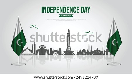 14th August - Happy Independence Day Pakistan Banner and Greeting Card. Pakistan Independence Day Celebration with Text and Pakistan Skyline Vector Illustration.