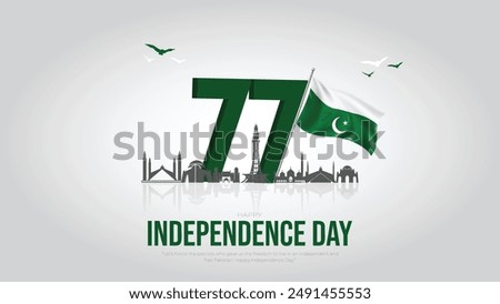 Happy Independence Day Pakistan Post and Greeting Card. Pakistan Independence Day August 14th Banner with 77th 3D Text, clouds and Pakistan flag .Vector Illustration.