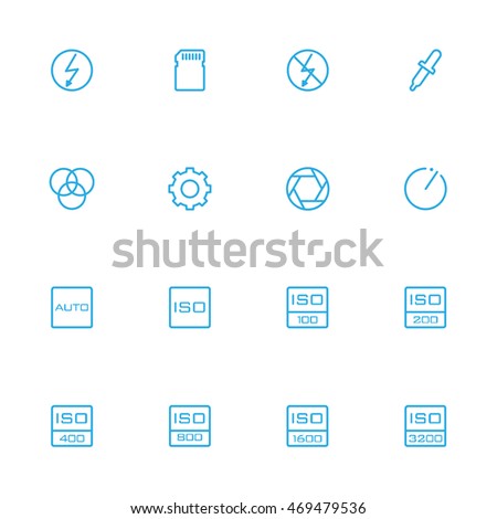 Photography, control and setting blue line icons set