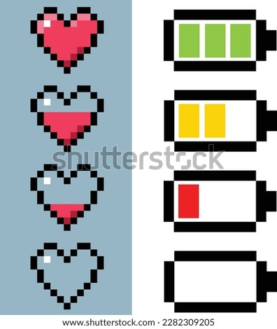 Health and energy level. Heart and battery. Pixel art vector illustration 8-bit