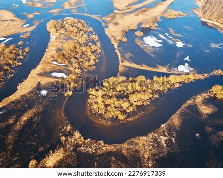 Similar – Foto Bild Frühling Schmelzen Fluss Überschwemmung Luftbild-Panorama. Überlaufwasser im Frühling