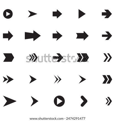 Set of different new style black arrows. Directional arrow flat style isolated on white background. Cursor. Vector illustration. Set of vector arrows. Arrows Black vector on white background. 