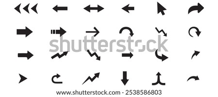 Arrows black icon set. Vector arrow. Collection of different arrows icons. Arrow icon. Cursor, pointer for web design, interface. Vector illustration. Set arrow icon. Collection different arrows sign.