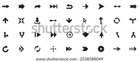 Set of different new style black arrows. Directional arrow flat style isolated on white background. Cursor. Vector illustration. Set of vector arrows. Arrows Black vector on white background.