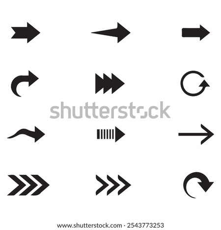 Arrow Collection of different style design, flat Arrow isolated on white background. Neon black Arrows set icon. Beautiful arrow vector design. white background arrow isolated collection.