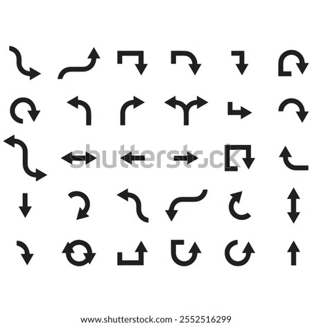 Set of different new style black arrows. Directional arrow flat style isolated on white background. Cursor. Vector illustration. Set of vector arrows. Arrows Black vector on white background.