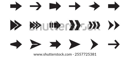 Set of different new style black arrows. Directional arrow flat style isolated on white background. Cursor. Vector illustration. Set of vector arrows. Arrows Black vector on white background.