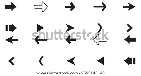 Arrows black icon set. Vector arrow. Collection of different arrows icons. Arrow icon. Cursor, pointer for web design, interface. Vector illustration. Set arrow icon. Collection different arrows sign.