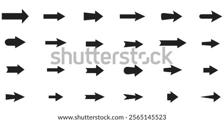 Set of different new style black arrows. Directional arrow flat style isolated on white background. Cursor. Vector illustration. Set of vector arrows. Arrows Black vector on white background.