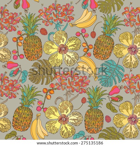 tropical exotic fruits and flowers seamless pattern