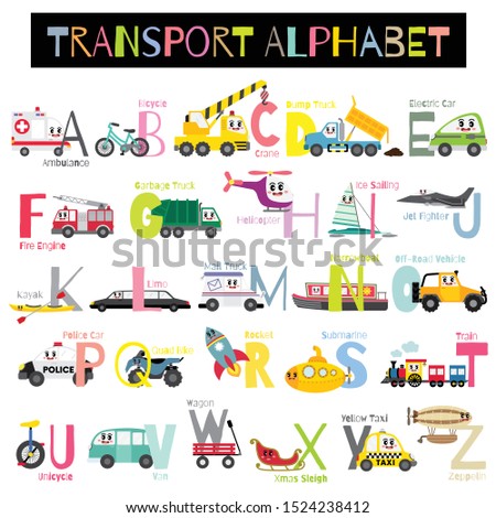 Cute colorful children transportations A-Z alphabet for kids learning English vocabulary with white background. Vector Illustration.