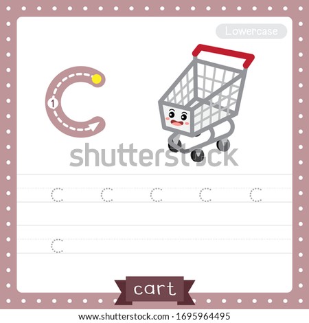 Letter C lowercase cute children colorful transportations ABC alphabet tracing practice worksheet of shopping Cart for kids learning English vocabulary and handwriting Vector Illustration.