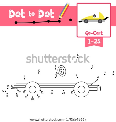Dot to dot educational game and Coloring book of cute Go-Cart cartoon transportations for preschool kids about learning counting number 1-25 and handwriting practice worksheet. Vector Illustration.