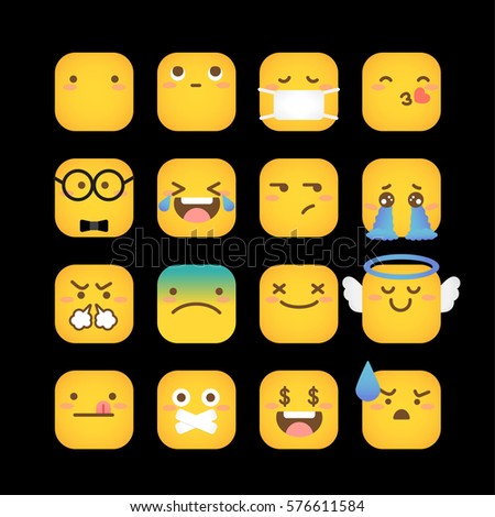 Set of yellow face emoticons icon pack with various facial expressions in flat design on black background.
