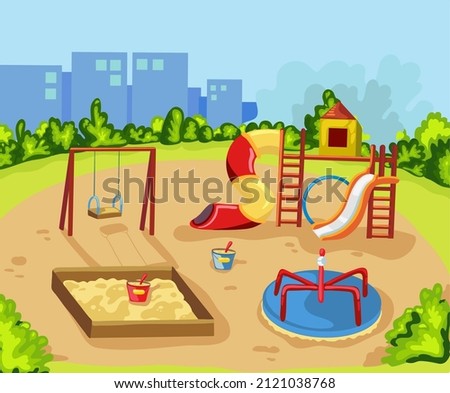 Children's safety playground for outdoor recreation and games in the summer. Kindergarten flat. Swings, sandbox, slide on the green lawn near the house. Vector illustration