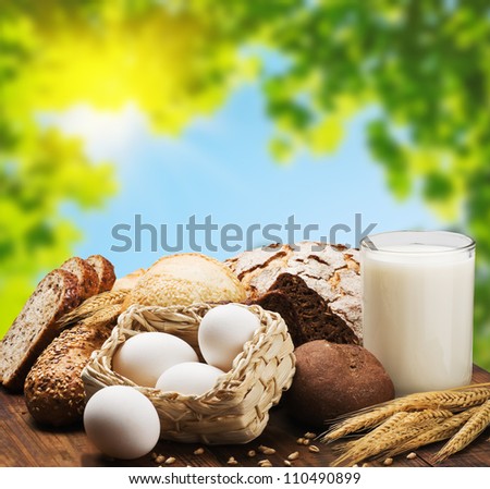 ingredients and wheat for baking bread in an outdoor