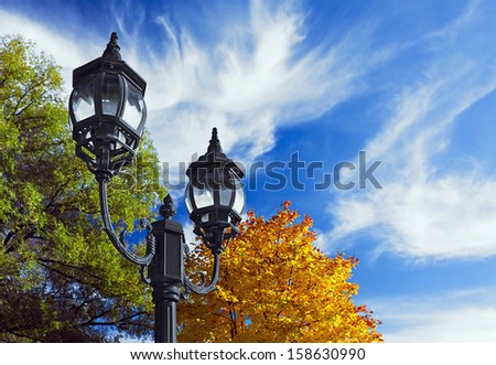 old metal lantern on the background of the autumn forest