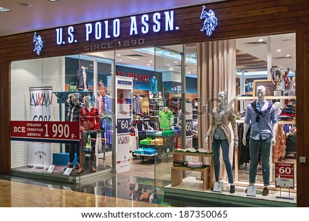 RUSSIA, MOSCOW - MARCH 10, 2014: US Polo ASSN Store clothes in Moscow. Brand U.S. Polo ASSN. belongs USPA Properties, a subsidiary of the nonprofit American Association players flat since 1890.