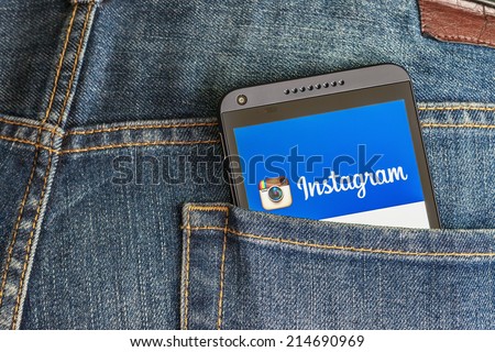 Moscow, Russia-August 26, 2014: instagram app open in the mobile phone HTC.HTC Corporation main direction rapidly developing market of smartphones. Instagram free application sharing photos and videos