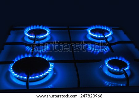 Blue flames of gas burning from a kitchen gas stove with space for text on top. Focus the front edge of the hotplate