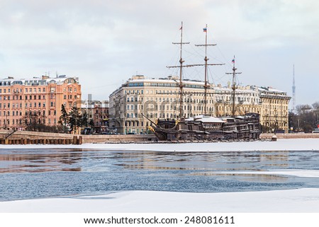 big sailing-ship at the harbor in winter, st.petersburg, russia