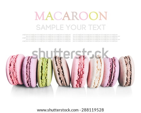 Colorful macaroon cake in a row isolated not a white background. Text example