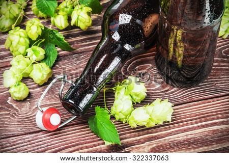 empty beer bottles and hop on wooden table. focus on the bottle neck