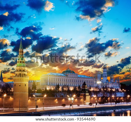 Moscow Kremlin in fires by cold winter night. Russia