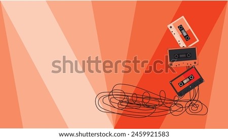 Retro audio cassette tapes  with strip tape flat design vector illustration. 1990 style. suitable for background. isolated on red background and have blank space. empty space background