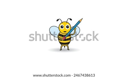 icon bee cartoon, cute bee with smiling face bring pencil for study go to school 