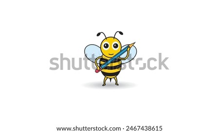 icon bee cartoon, cute bee with smiling face bring pencil for study go to school 