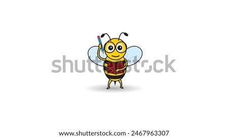 icon bee cartoon, cute bee with smiling face uses glasses bring pencil and book for study go to school, suitable for logo or mascot