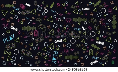 Game background with gamepad, joystick geometric pattern and graphic elements. Outline neon design vector illustration