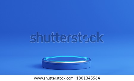 Pedestal with glowing light circle on blue background, Blank Pedestal minimal concept template - 3d rendering mockup
