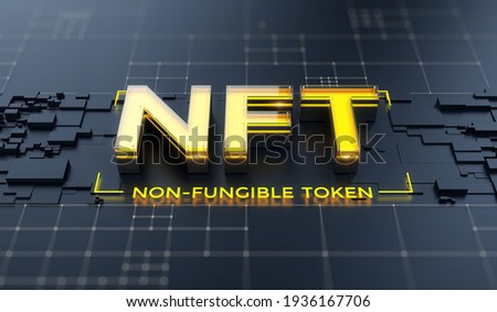 NFT nonfungible tokens concept on dark background - NFT word on abstract technology surface. 3d rendering