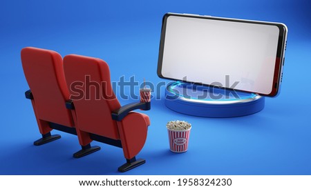 Smartphone with white screen, Cinema chairs, Popcorn and Cola on blue background. Online cinema, movie from home concept. 3d rendering